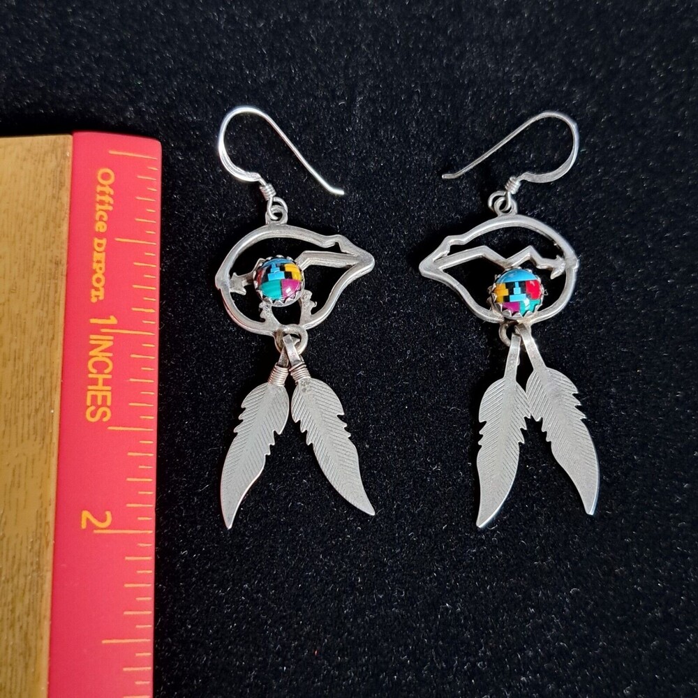 Vintage Southwestern Sterling Silver 925 Navajo Feather Colored Mosaic Earrings - Picture 2 of 9